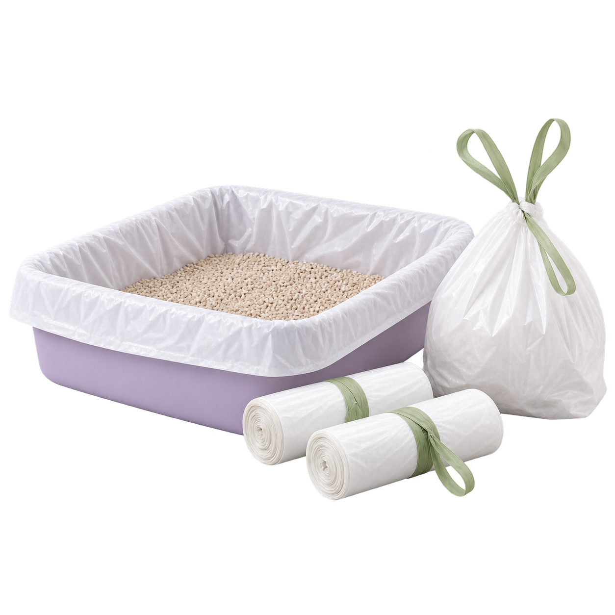 Concept illustration of drawstring litter liners, rolls and a lined demonstration tray